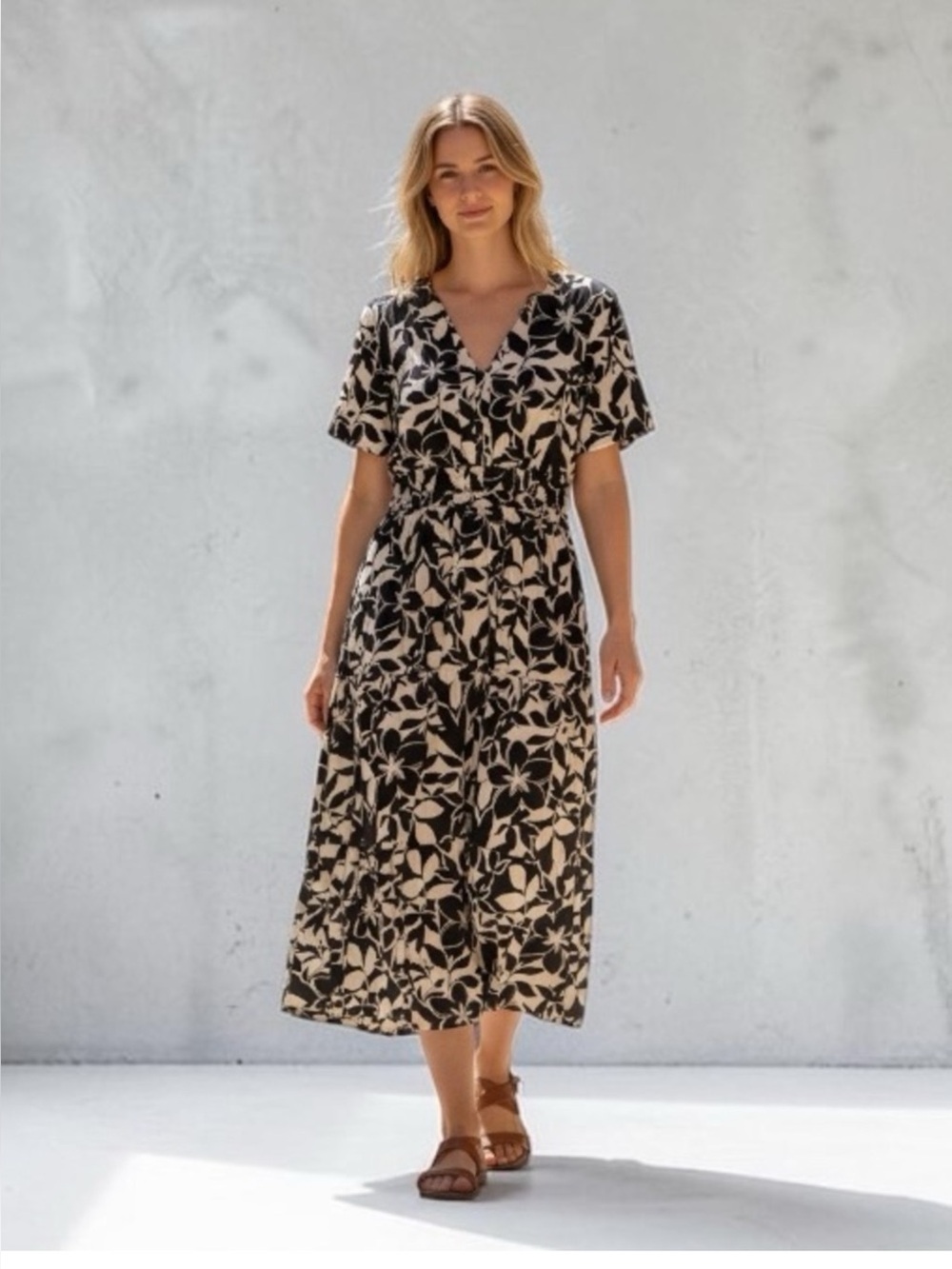 Meadow Rhodes Anthro Midi Floral Cotton Dress Black & Beige Leaf Print